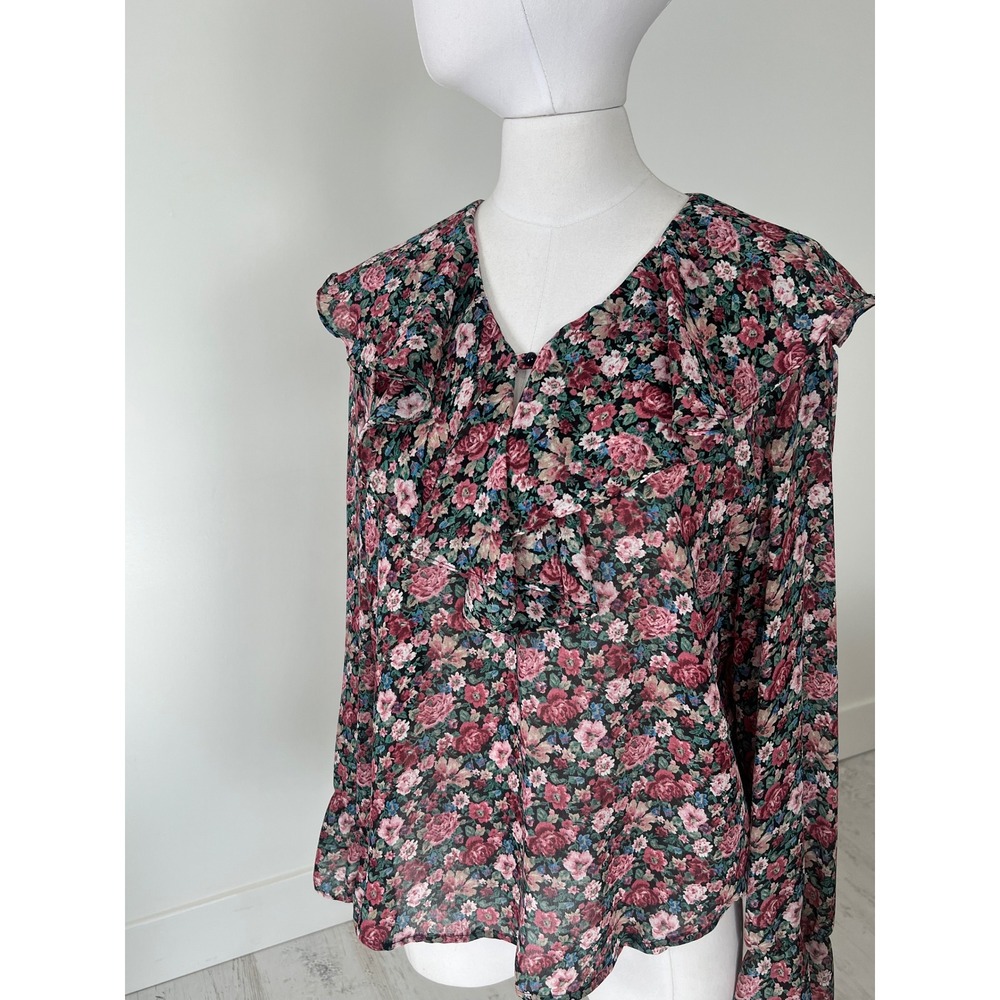 Vintage TTY TTY TTY Floral Ruffle Blouse Pink Rose V-Neck Sheer Top USA Made M